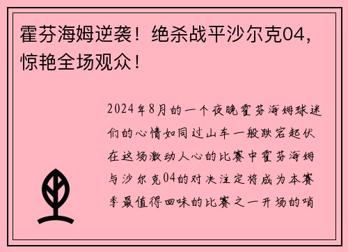 霍芬海姆逆袭！绝杀战平沙尔克04，惊艳全场观众！