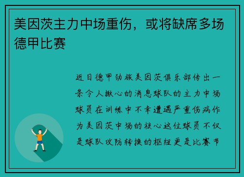 美因茨主力中场重伤，或将缺席多场德甲比赛